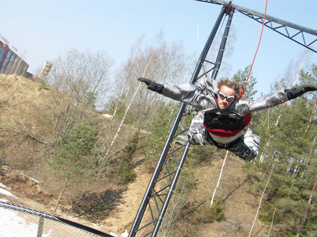 Ivars Beitāns trial flight in AERODIUM vertical wind tunnel in Sigulda, 2005.